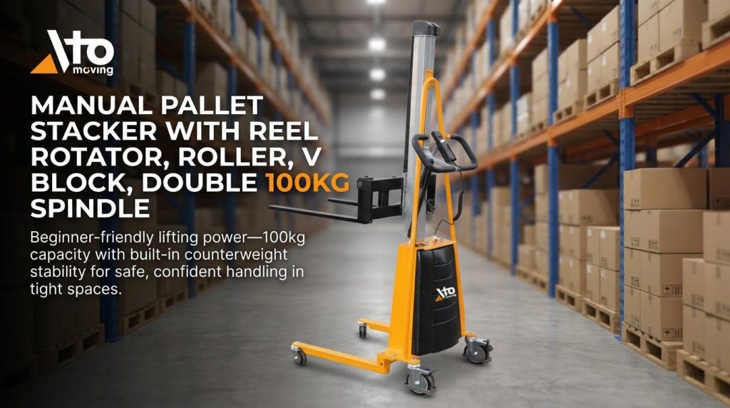 A beginner-friendly manual pallet stacker with a 100kg capacity, equipped with specialized attachments like a reel rotator and V block. It features a built-in counterweight for enhanced stability, providing a safe and confident solution for handling cylindrical items in tight spaces.