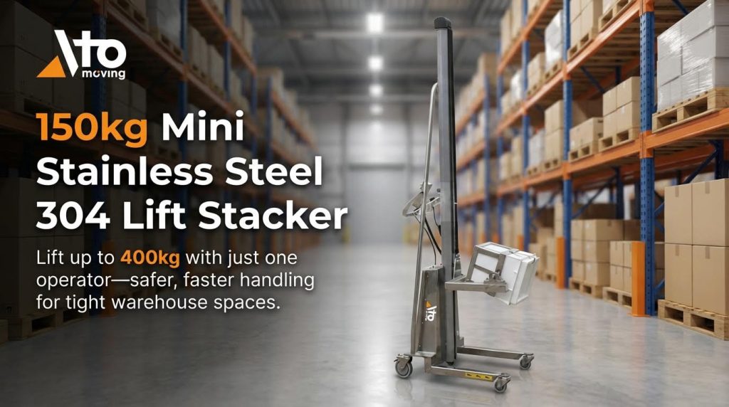 A 150kg capacity mini lift stacker made from 304 stainless steel, designed for safe and fast single-operator handling in tight warehouse spaces. This compact and hygienic lifter is an ideal solution for moving small loads, totes, and boxes efficiently.