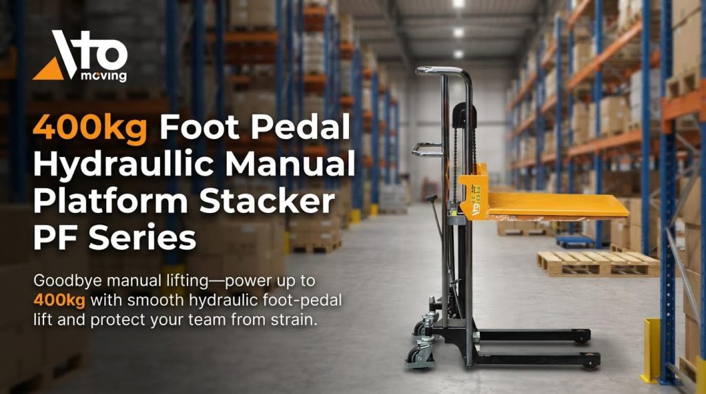 The PF series 400kg manual platform stacker, featuring a smooth hydraulic foot pedal lift mechanism. This ergonomic design eliminates manual lifting strain, allowing workers to effortlessly raise loads up to 400kg, protecting the team and improving workplace safety.