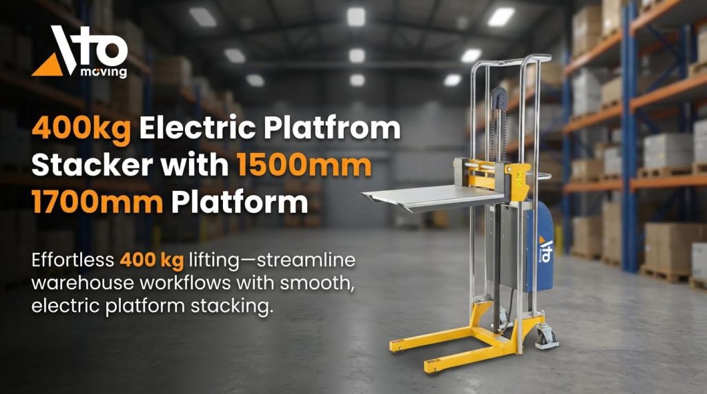A 400kg electric platform stacker featuring a large platform for lifting goods up to 1700mm. This machine provides effortless, smooth electric lifting to streamline warehouse workflows, making it ideal for stacking non-palletized goods, boxes, or components with stability and ease.