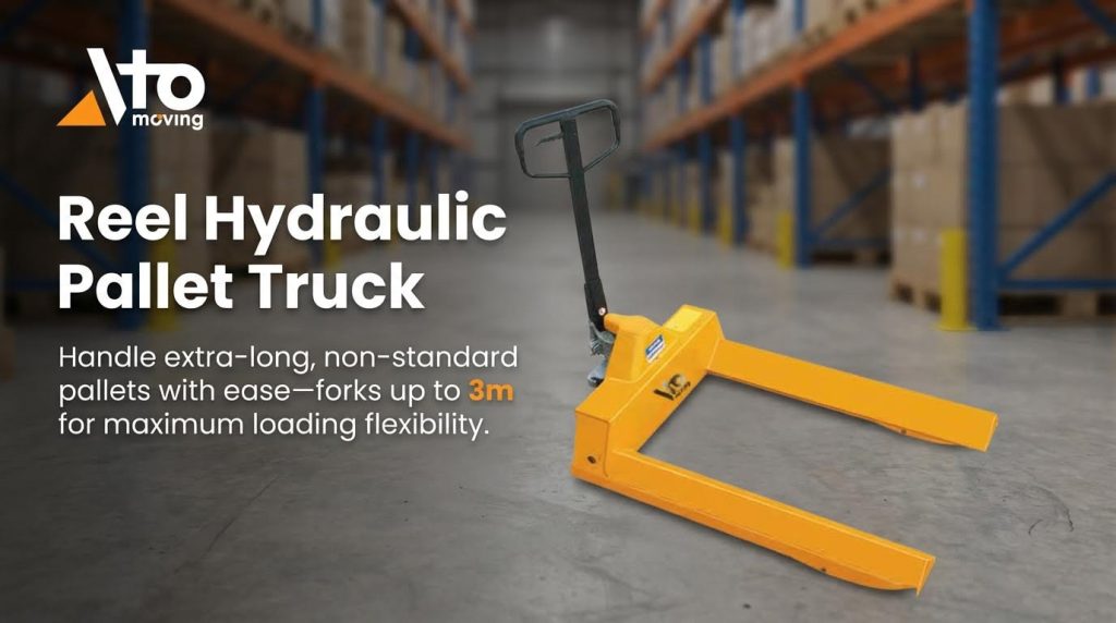 A specialized reel hydraulic pallet truck with extra-long forks extending up to 3 meters. This yellow manual lifter is expertly designed to handle non-standard, oversized loads and long pallets with ease, providing maximum loading flexibility and stability in warehouse environments.