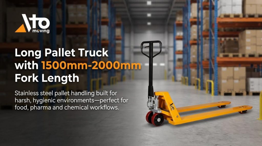 A long pallet truck with a 1500mm to 2000mm fork length, constructed from durable stainless steel. Its hygienic, corrosion-resistant build makes it the perfect material handling solution for maintaining strict cleanliness standards in food, pharmaceutical, and chemical industry workflows.