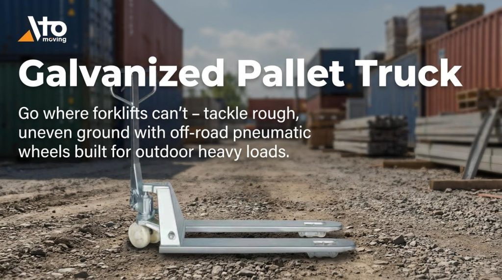 A robust galvanized pallet truck equipped with large, off-road pneumatic wheels is shown in an outdoor industrial yard. Its protective coating and rugged wheels are specifically designed to tackle rough, uneven ground, making it ideal for heavy outdoor loads where forklifts can't go.