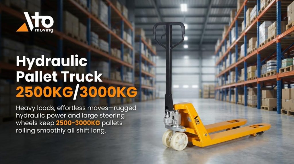 A heavy-duty hydraulic pallet truck with a 2500kg to 3000kg capacity is displayed in a warehouse aisle. Featuring rugged hydraulic power and large steering wheels, this machine is designed for the effortless movement of heavy loads, keeping pallets rolling smoothly all shift long.