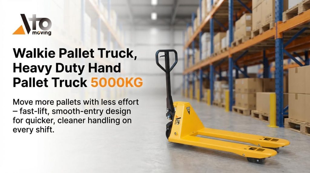 A heavy-duty 5000kg capacity walkie pallet truck, also known as a hand pallet truck. It features a fast-lift, smooth-entry fork design that enables operators to move more pallets with less effort, ensuring quicker and cleaner handling on every single shift.