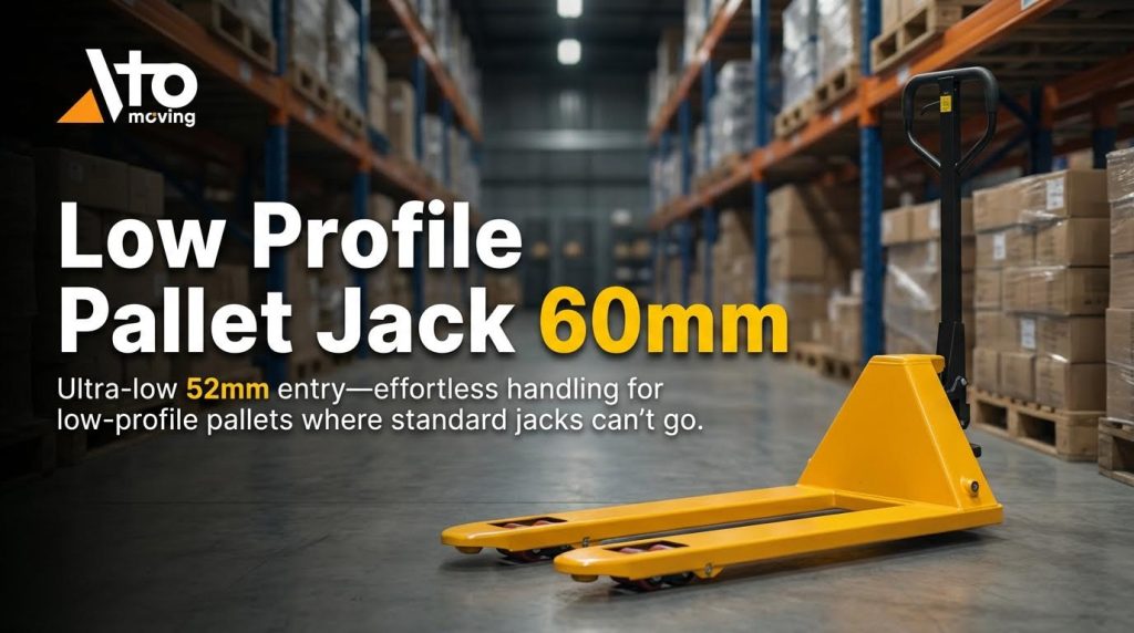 A yellow low-profile pallet jack with an ultra-low 52mm entry height is shown in a warehouse. It is specifically designed for the effortless handling of low-profile pallets and skids that standard jacks are unable to access, ensuring versatility in modern logistics.