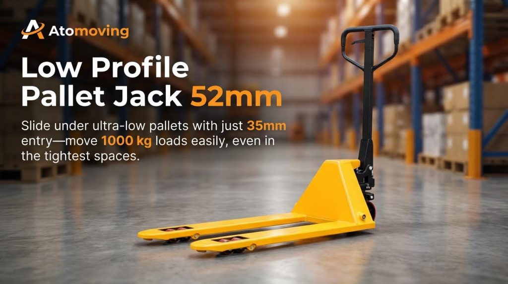 An advertisement for a low-profile pallet jack designed to slide under ultra-low pallets with a mere 35mm entry height. This versatile tool can easily move 1000 kg loads, making it an essential piece of equipment for efficient material handling in the tightest spaces.