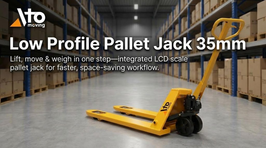 A 35mm low-profile pallet jack that features an integrated LCD scale, allowing users to lift, move, and weigh goods in a single, efficient step. This multi-functional tool is designed to create a faster, space-saving workflow in busy warehouse environments.