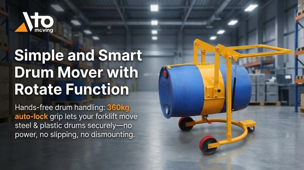 A simple and smart drum mover with a rotate function and a 360kg capacity. It features a hands-free, auto-lock grip that securely holds both steel and plastic drums without power, preventing slipping or the need for dismounting during transport.