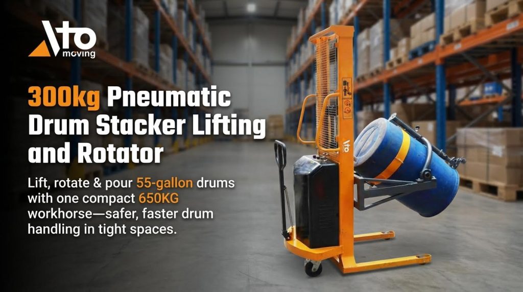A compact 300kg pneumatic drum stacker, lifter, and rotator with a 650kg capacity. This powerful workhorse is designed to safely lift, rotate, and pour 55-gallon drums, offering a faster and safer solution for drum handling in tight industrial spaces.
