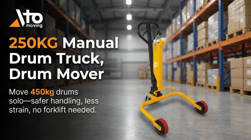 An advertisement for a 250kg manual drum truck and drum mover. This versatile yellow tool is designed for solo operation, enabling a single person to safely handle and move 450kg drums with less strain, eliminating the need for a forklift.
