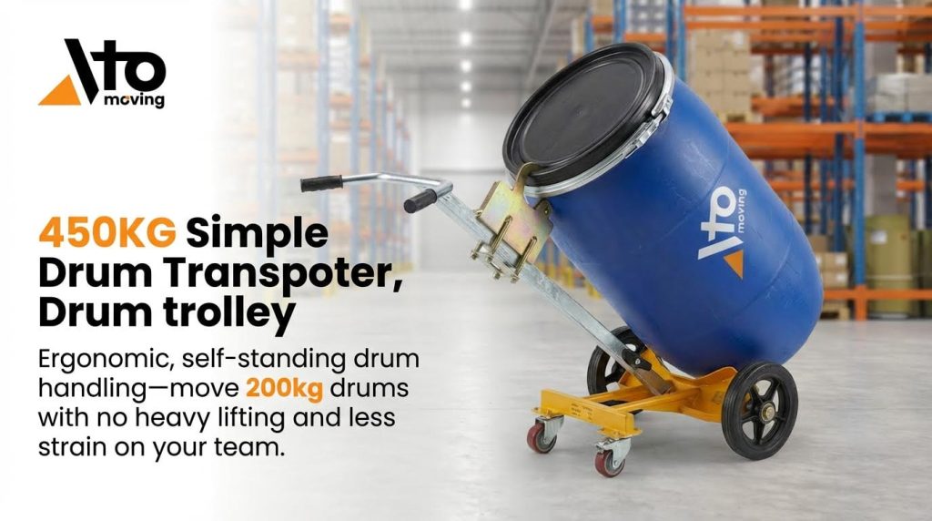 An ergonomic, self-standing drum transporter and trolley with a 450kg capacity. This simple yet effective tool is designed to move 200kg drums with no heavy lifting required, which significantly reduces strain on your team and improves overall workplace safety.