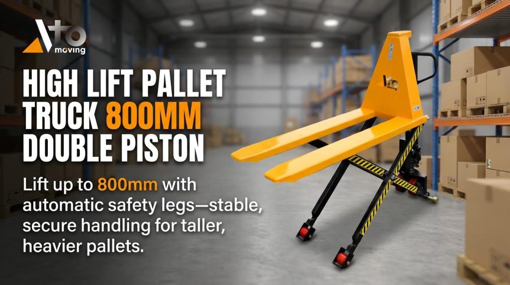 A manual high-lift pallet truck featuring a powerful double-piston mechanism that lifts loads up to 800mm. It is equipped with automatic safety legs that engage for rock-solid stability, ensuring the secure handling of taller and heavier pallets in a warehouse setting.