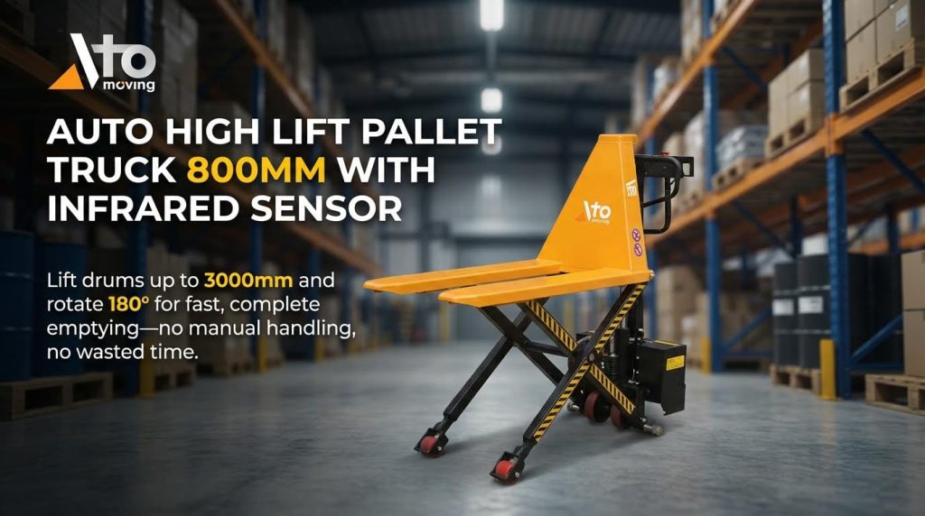 An auto high-lift pallet truck with an infrared sensor, capable of lifting up to 800mm. This automated system is designed to maintain an ergonomic working height, eliminating manual adjustments and wasted time, and is shown ready for pallet handling tasks.