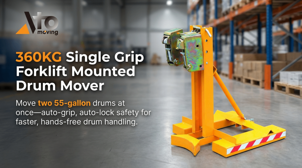 A 360kg single-grip, forklift-mounted drum mover designed to transport two 55-gallon drums at once. It features an auto-grip and auto-lock safety mechanism that enables faster, hands-free drum handling, significantly improving efficiency and safety in the warehouse.