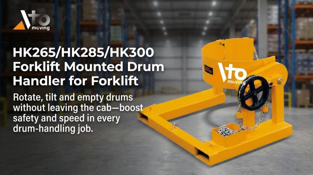 The HK series is a forklift-mounted drum handler that enables the operator to rotate, tilt, and empty drums without leaving the safety of the cab. This attachment is designed to boost both safety and speed in every drum-handling job.