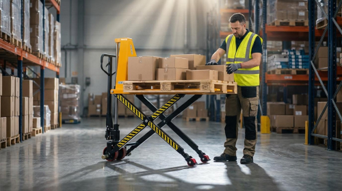 A warehouse worker wearing a yellow high-visibility safety vest and khaki work pants stands next to a yellow and black scissor-style high lift pallet jack. The lift is raised to working height with a wooden pallet holding several cardboard boxes on top. The worker appears to be checking a handheld device or clipboard. The setting is a large industrial warehouse with polished concrete floors and tall metal shelving units stocked with inventory visible in the background. Natural light streams through skylights above, creating a bright working environment.