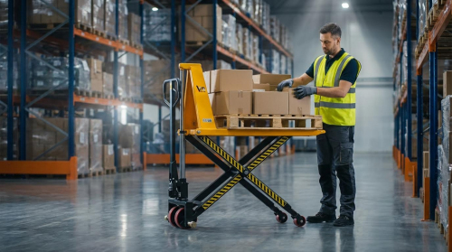 A warehouse worker wearing a yellow high-visibility safety vest, dark pants, and work gloves handles cardboard boxes on a yellow and black scissor-style high lift pallet jack. The lift table is raised to an ergonomic working height, allowing the worker to easily access the boxes without bending. He stands in the center aisle of a large modern warehouse with polished concrete floors and tall blue and orange metal pallet racking filled with inventory on both sides. Overhead lighting illuminates the spacious industrial space.