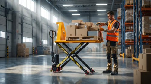 A warehouse worker wearing an orange high-visibility safety vest, gray t-shirt, khaki cargo pants, and safety glasses organizes cardboard boxes with shipping labels on a yellow and black scissor-style high lift pallet jack. The lift is raised to a comfortable working height with a wooden pallet supporting the boxes. The worker stands in a spacious, well-lit warehouse with large windows on the left, tall blue metal shelving on the right, and a smooth gray concrete floor. Additional boxes and pallets are visible in the background.