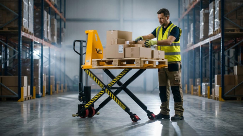 A warehouse worker wearing a yellow high-visibility safety vest, dark t-shirt, khaki cargo pants, and work gloves arranges cardboard boxes on a yellow and black scissor-style high lift pallet jack. The lift is raised to waist height with a wooden pallet on top, allowing the worker to comfortably handle packages without bending. He stands in the center aisle of a large warehouse with polished gray concrete floors. Tall metal shelving units stocked with boxes and inventory line both sides of the aisle, extending into the background under industrial ceiling lighting.