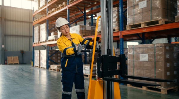A female warehouse worker wearing a white hard hat, yellow and navy blue work coveralls, and gray work gloves operates a yellow and black electric work positioner. She grips the handle and controls while guiding the machine in a large warehouse. Tall metal pallet racking with orange beams stocked with shrink-wrapped pallets and cardboard boxes is visible in the background on both sides. The industrial facility features high ceilings with natural light filtering in and a smooth gray concrete floor.