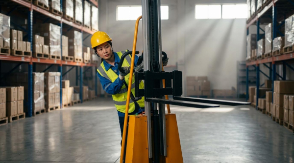 A female warehouse worker wearing a yellow hard hat, yellow-green high-visibility safety vest with reflective stripes, and a blue long-sleeve shirt operates a yellow electric work positioner. She grips the controls while maneuvering the machine through a large warehouse. Tall metal pallet racking with orange beams filled with cardboard boxes and wrapped pallets stretches along both sides of the aisle. Rays of natural light stream through skylights above, creating an atmospheric glow throughout the spacious industrial facility with polished gray concrete floors.