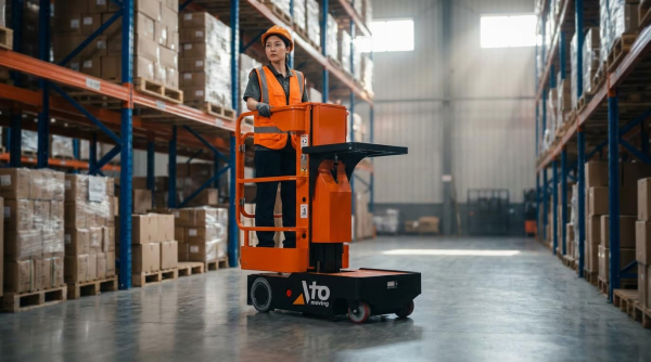 A female warehouse worker wearing an orange hard hat, orange high-visibility safety vest, and dark work clothes operates an orange self-propelled order picker with a company logo on the base. She stands on the platform of the machine, gripping the controls while positioned in the center aisle of a large warehouse. Tall blue and orange metal pallet racking filled with cardboard boxes and palletized goods lines both sides of the aisle. Natural light streams through windows in the background, illuminating the spacious industrial space with smooth gray concrete floors.