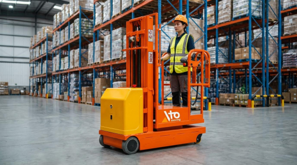 A female warehouse worker wearing an orange hard hat, yellow-green high-visibility safety vest, and gray work pants operates an orange and yellow semi-electric order picker with a company logo on the mast and base. She stands on the platform holding the controls while navigating the machine across the warehouse floor. Tall blue metal pallet racking filled with boxes, shrink-wrapped pallets, and various inventory rises behind her on both sides. The large industrial warehouse features high ceilings, smooth gray concrete flooring, and ample lighting.