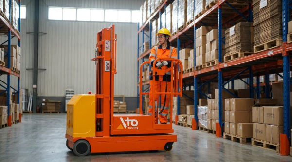 A female warehouse worker wearing a yellow hard hat, orange high-visibility safety coveralls, and work gloves operates an orange and yellow semi-electric order picker with a company logo on the base. She stands on the platform gripping the safety rails while driving the machine through a spacious warehouse. Tall blue and orange metal pallet racking stocked with cardboard boxes fills the right side of the image, while the left side shows an open warehouse area with high gray walls and large windows near the ceiling. The floor is smooth gray concrete.