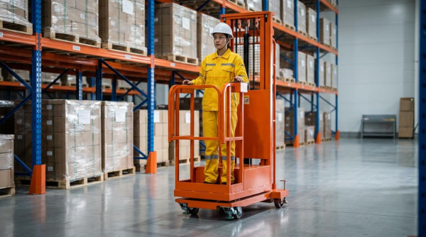 A female warehouse worker wearing a white hard hat and bright yellow coveralls operates an orange semi-electric order picker. She stands on the platform holding the safety rails while maneuvering the machine across the smooth gray concrete floor of a large warehouse. Tall blue metal pallet racking filled with shrink-wrapped pallets and cardboard boxes extends along the background. A blue safety bollard is visible on the left side, and the facility features high ceilings with industrial lighting.