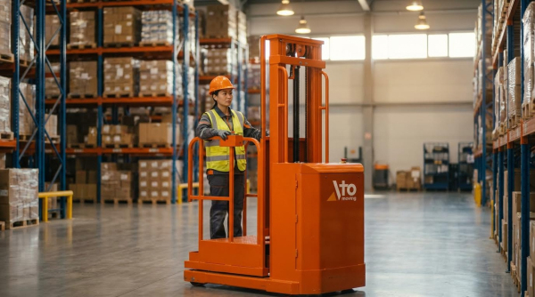 A female warehouse worker wearing an orange hard hat, yellow-green high-visibility safety vest, and gray work clothes operates an orange semi-electric order picker with a company logo on the side. She stands on the platform holding the controls while positioned in a large open warehouse space. Tall metal pallet racking with orange beams stocked with boxes and palletized goods is visible on the left side. The spacious industrial facility features high ceilings with natural light streaming through windows, smooth gray concrete floors, and an expansive open layout.