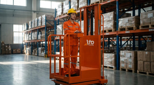 A female warehouse worker wearing a yellow hard hat and bright orange coveralls operates an orange semi-electric order picker with a company logo on the mast. She stands on the platform gripping the control handles while positioned in a large warehouse. Behind her, tall blue metal pallet racking filled with cardboard boxes, shrink-wrapped pallets, and various inventory stretches across the background. The industrial space features high ceilings and a smooth gray concrete floor that extends throughout the open facility.