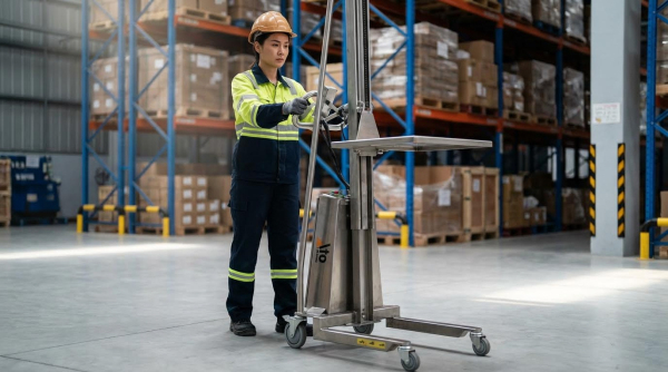 A female warehouse worker wearing an orange hard hat, yellow-green high-visibility safety jacket with reflective stripes, and dark navy work pants operates a stainless steel electric work positioner. She stands beside the machine, using the controls to adjust the platform. The setting is a spacious modern warehouse with polished gray concrete floors. Tall blue metal pallet racking stocked with boxes, pallets, and inventory extends in the background. Blue industrial equipment is visible on the left side, and the facility features bright, even lighting throughout.