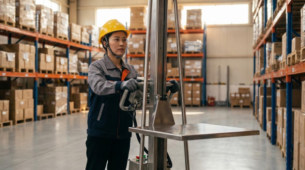 A female warehouse worker wearing a yellow hard hat, gray work jacket, and orange work gloves operates a stainless steel electric work positioner. She grips the handles to control the machine, which features a metal lifting platform. The setting is a large warehouse with tall blue and orange metal pallet racking filled with cardboard boxes and inventory stretching into the background on both sides. Natural light filters in from windows above, and the facility has a smooth concrete floor and industrial ceiling structure.