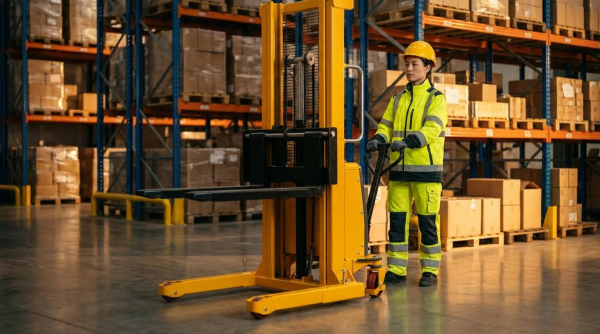 A female worker in a high-visibility vest stands confidently next to a yellow electric straddle stacker in a warehouse aisle.