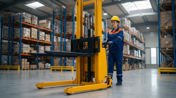 A female warehouse employee in blue coveralls stands beside an empty yellow straddle stacker in a storage facility.
