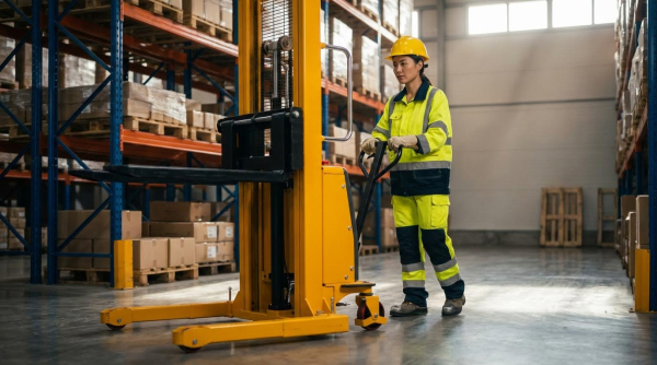 A female worker wearing a hard hat pulls the tiller arm of a yellow straddle stacker to move it through the warehouse.