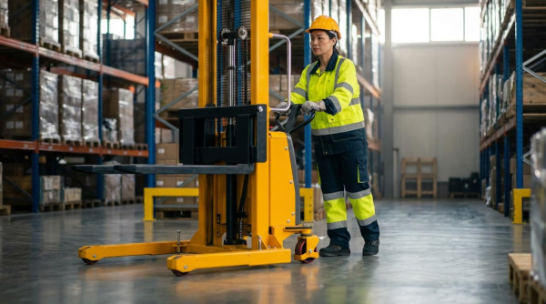 A female worker in safety gear steers a yellow electric straddle stacker down a main warehouse corridor.