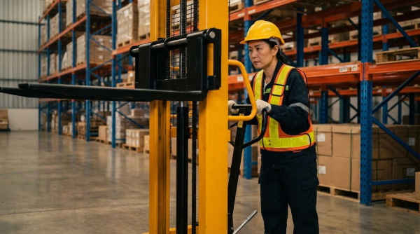 Close-up of a focused female worker operating the controls of a yellow straddle stacker inside a distribution center.