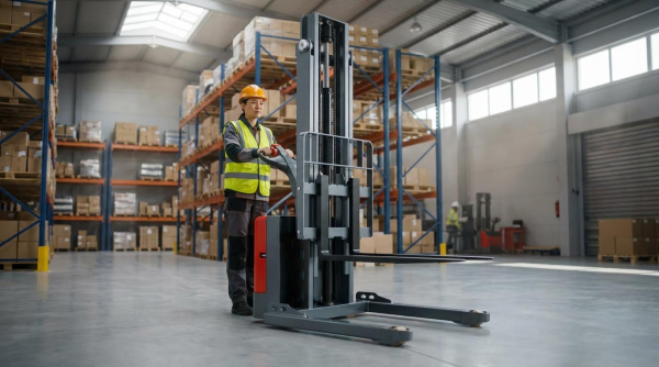 A female warehouse employee in full safety gear, including a yellow hard hat and vest, stands confidently next to a modern grey walkie stacker in a vast, well-organized logistics center.