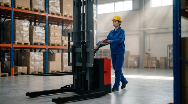 A focused worker in blue coveralls and a yellow hard hat carefully maneuvers a grey electric walkie stacker through a wide, brightly lit aisle of a large distribution warehouse.
