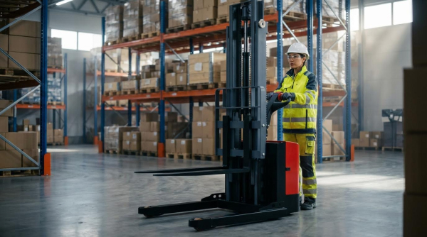A professional warehouse operator wearing a high-visibility jacket and white hard hat uses the controls of a walkie stacker, navigating the pathway between tall racks stacked high with inventory.