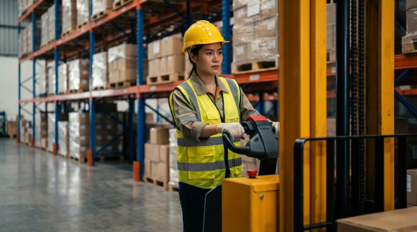 A detailed close-up shows a determined female operator in a yellow hard hat and vest, concentrating intently as she handles the controls of a yellow walkie stacker among warehouse shelves.