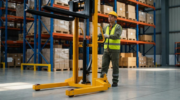 A male logistics worker in a yellow hard hat and safety vest stands proudly with his arms crossed beside a manual yellow straddle stacker, ready for work in a large distribution facility.