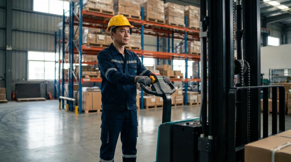 A professional male warehouse operator in a blue uniform and yellow hard hat skillfully steers a platform walkie stacker through a wide aisle, with tall storage racks filled with goods.
