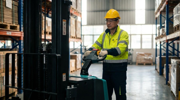 A focused male worker wearing a bright yellow high-visibility jacket and hard hat carefully operates an electric walkie stacker along a narrow warehouse corridor, ensuring efficient and safe material handling.