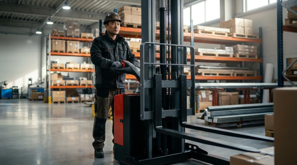 A male logistics employee in a dark jacket and hard hat confidently walks alongside a powered walkie stacker, guiding it through an open area of a distribution center filled with materials.