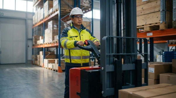 An inventory specialist in a white hard hat and yellow safety jacket operates a walkie stacker, precisely positioning it to handle pallets on the lower level of industrial warehouse shelving.