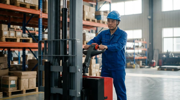 A dedicated warehouse professional in blue coveralls and a matching hard hat expertly maneuvers a red and black walkie stacker across a spacious warehouse floor, illuminated by large, bright windows.