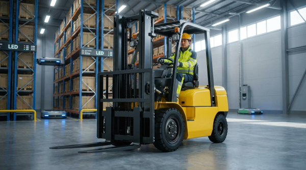 A worker wearing a yellow hard hat and yellow-green high-visibility safety jacket operates a yellow forklift with a black mast and overhead guard in a modern warehouse facility. The forklift is positioned on a smooth gray concrete floor. In the background, tall blue metal pallet racking with wooden crates is visible, along with automated guided vehicles (AGVs) moving across the floor. The spacious industrial space features high ceilings, large windows allowing natural light to enter, and advanced warehouse automation technology.